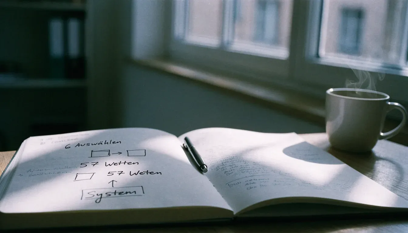 Ein aufgeschlagenes Notizbuch mit handschriftlichen Pfeilen und Kästchen liegt neben einer Kaffeetasse auf einem Schreibtisch am Fenster.