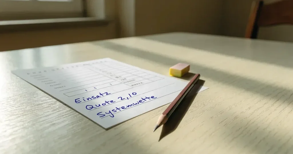 Ein leerer Wettschein aus Papier liegt neben einem Bleistift und einem Radiergummi auf einem hellen Holztisch im Tageslicht.
