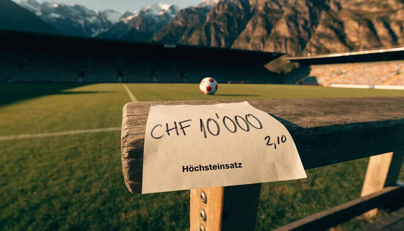 Ein Fussball liegt auf dem Rasen eines leeren Stadions am frühen Abend, dahinter erheben sich schneebedeckte Berge unter klarem Himmel.