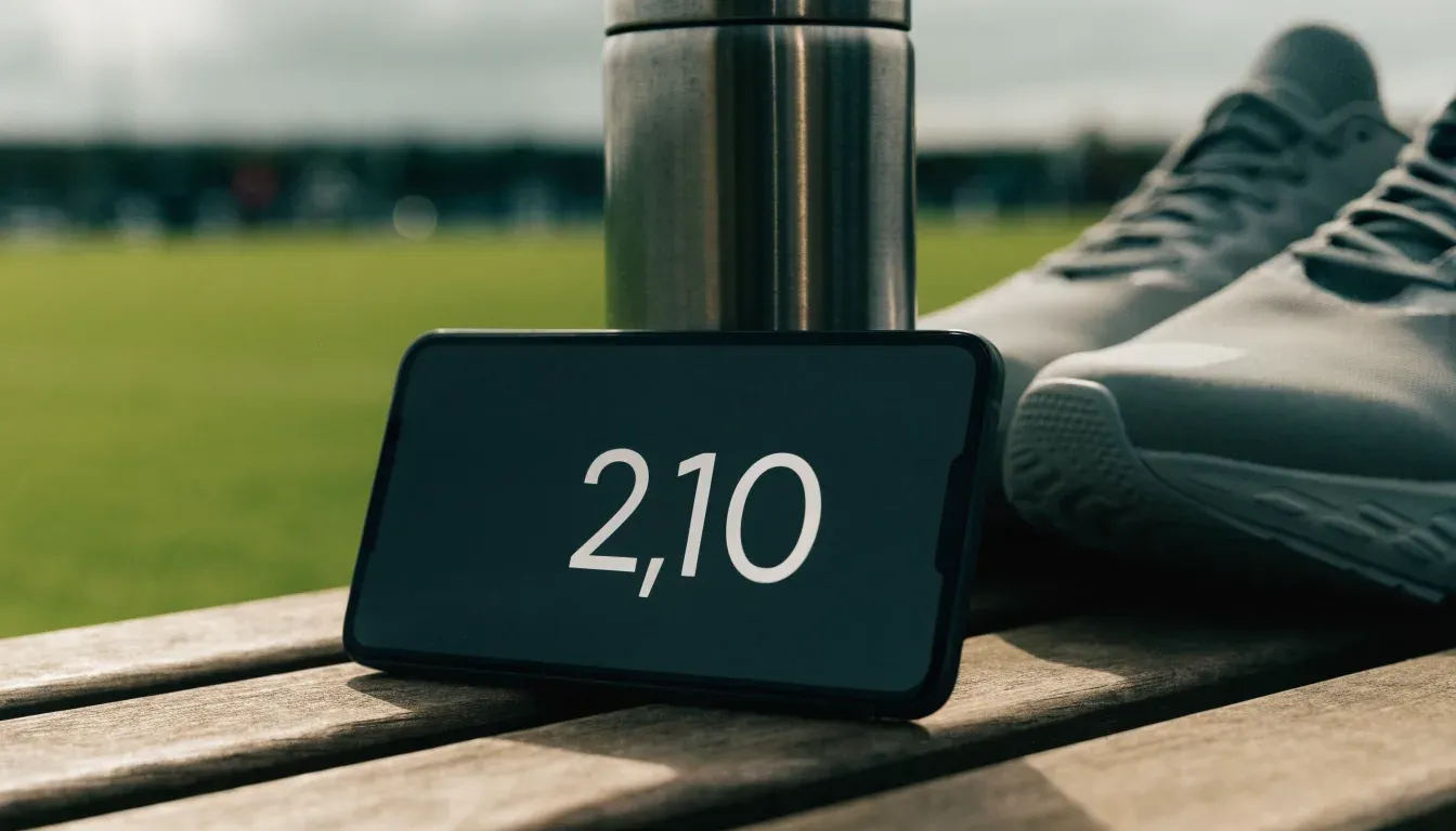 Ein Smartphone mit dunklem Bildschirm lehnt an einer Wasserflasche, daneben stehen Laufschuhe auf einer Bank am Sportplatz.