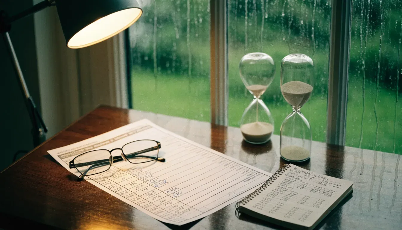 Eine Sanduhr steht auf einem Holztisch neben einer Brille, hinter dem Fenster laufen Regentropfen über das Glas.
