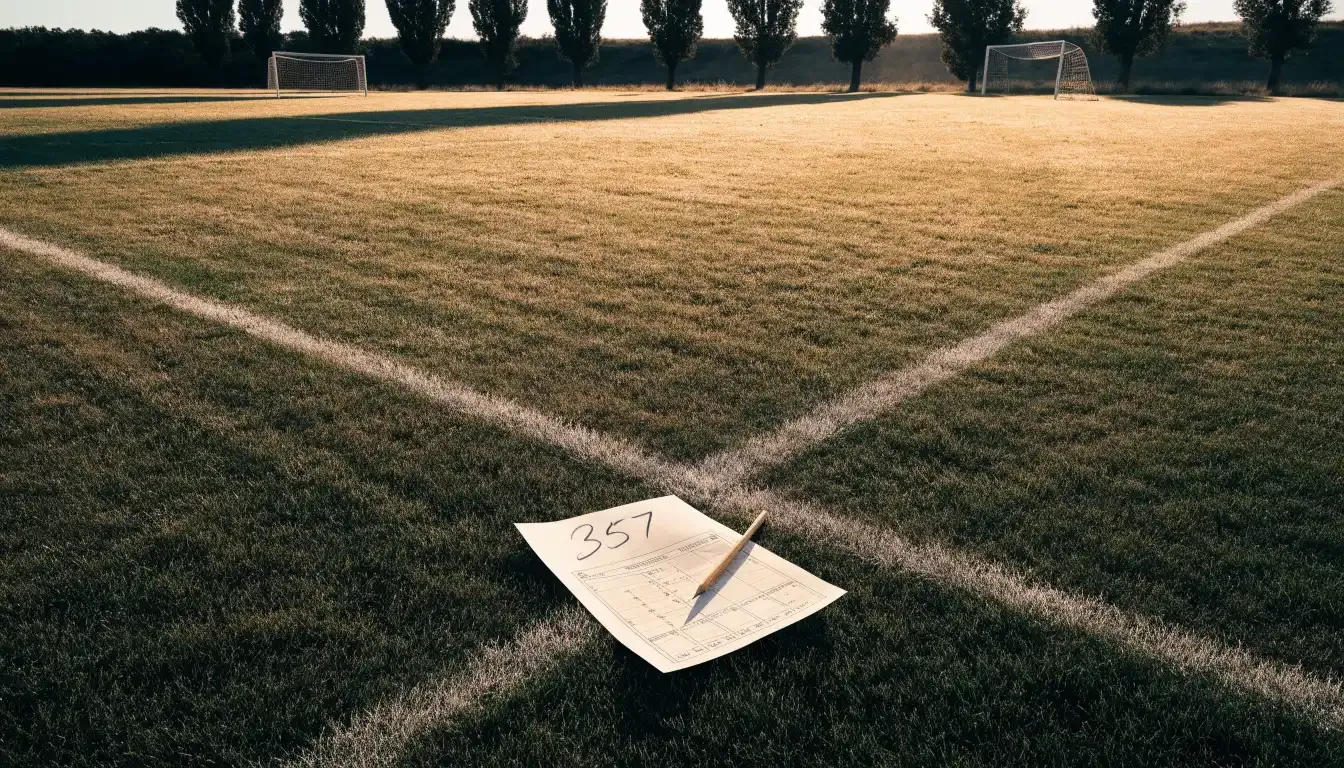 Ein leerer Fussballplatz mit weissen Linien von oben gesehen im Morgenlicht, am Rand stehen zwei Tore und eine Reihe Pappeln.