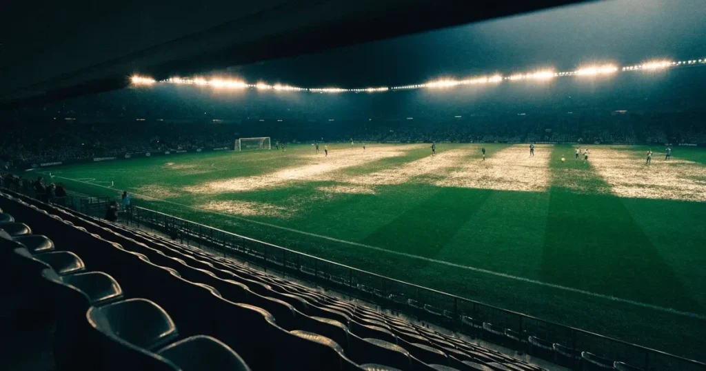 Ein Fussballspiel am Abend aus der Tribünenperspektive, die Spieler sind nur als kleine Figuren zu erkennen und das Flutlicht beleuchtet den nassen Rasen.