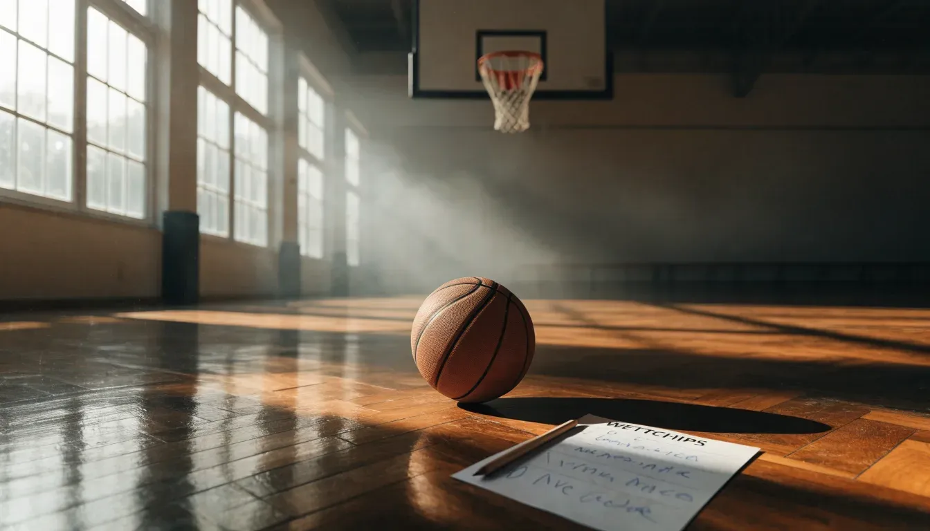 Ein Basketball liegt unter dem Korb in einer leeren Sporthalle, durch hohe Fenster fällt Tageslicht auf das Parkett.