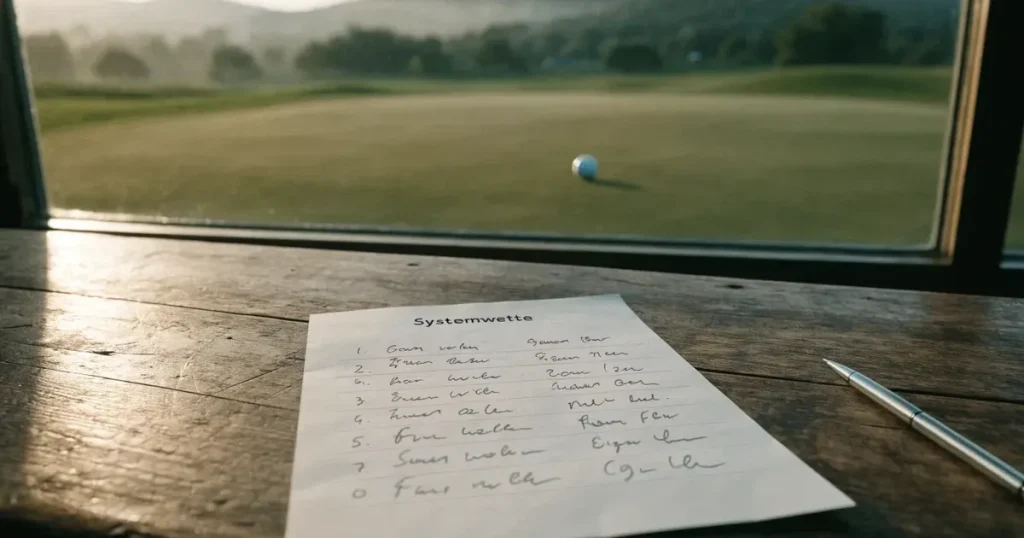 Ein Golfball liegt auf dem Grün nahe beim Loch, dahinter erstrecken sich sanfte Hügel im Nebel.