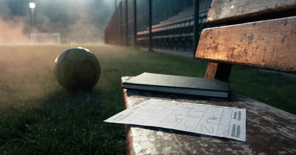 Ein Fernglas liegt auf einer leeren Holzbank an der Seitenlinie eines Fussballfelds, vom Rasen steigt Nebel auf.