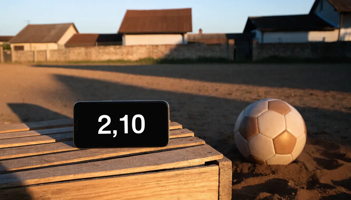 Ein Fussball liegt auf rotbraunem Sand am Rand eines Dorfes, die Abendsonne wirft lange Schatten.