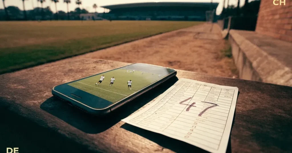 Ein ausgetrockneter Fussballplatz mit Rasenstreifen im warmen Nachmittagslicht, im Hintergrund Palmen und ein flaches Stadiondach.