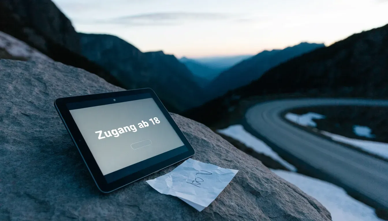Ein Bergpass in den Schweizer Alpen mit leerer Strasse und Schneeresten am Rand im ersten Frühlicht.