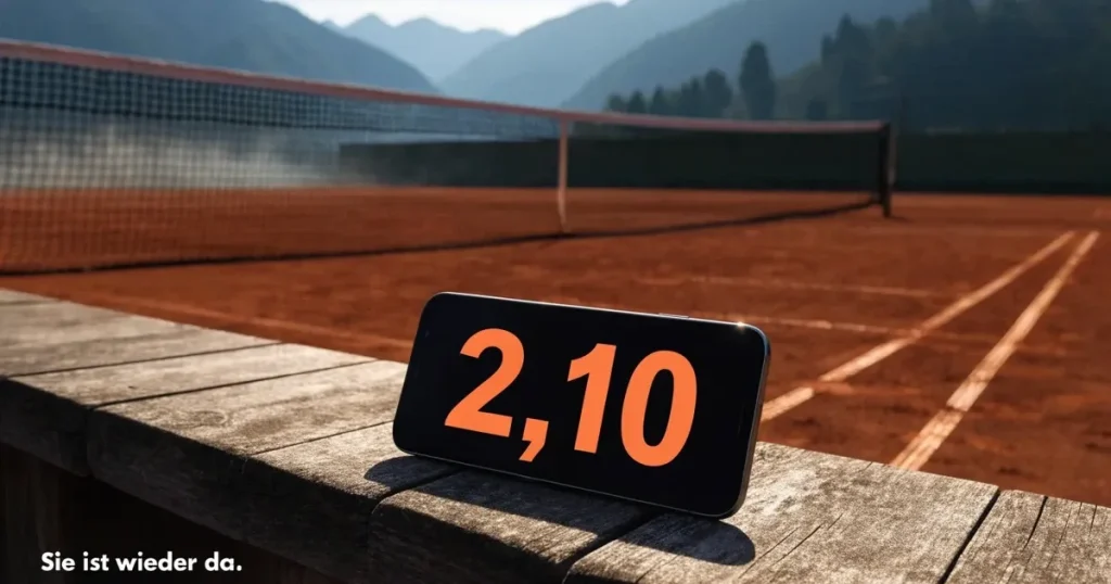 Ein Sandplatz im ersten Morgenlicht, die Linien sind frisch gezogen, das Netz bewegt sich leicht im Wind, Berge im Dunst.