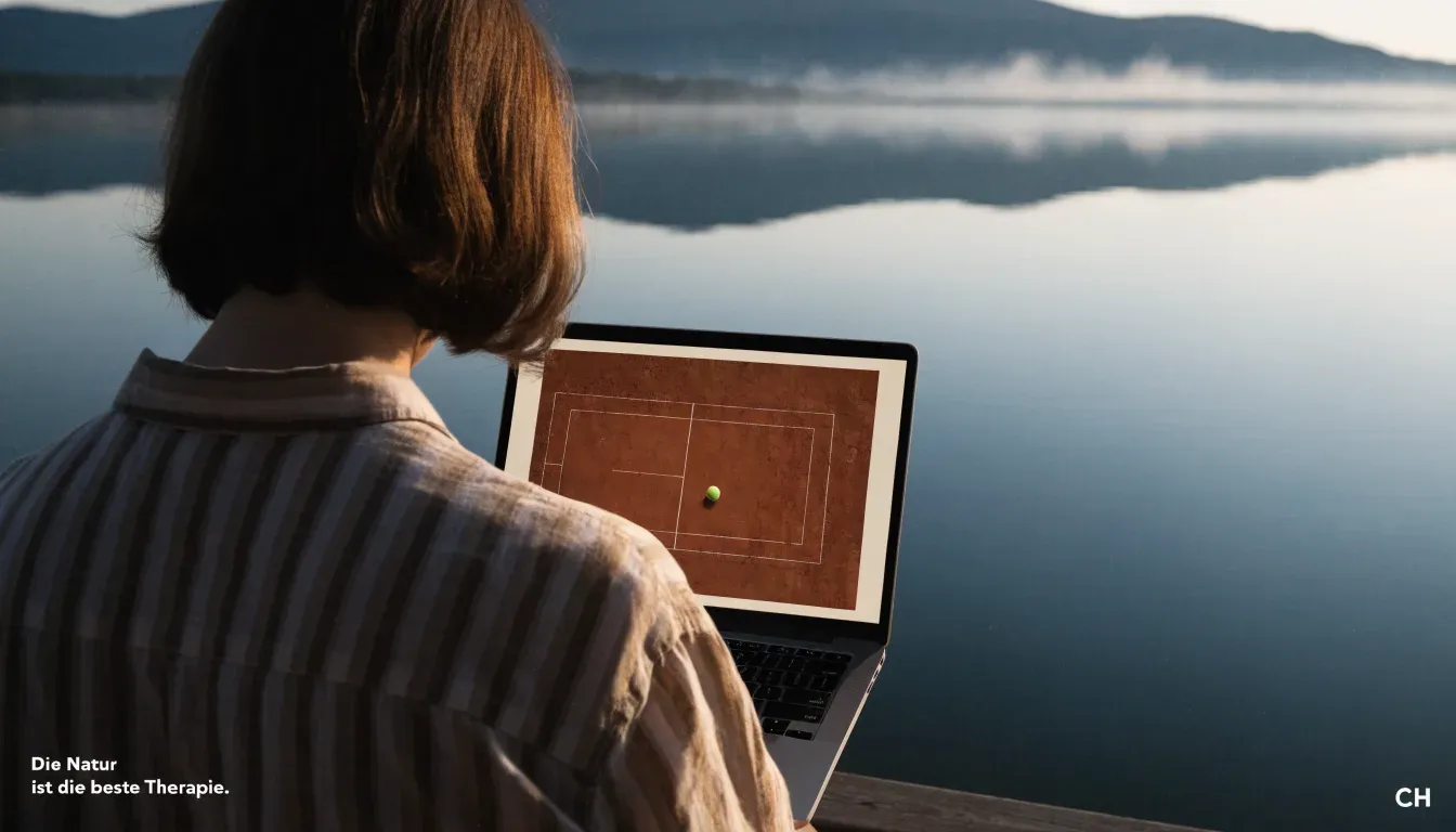 Eine Holzbank an einem Seeufer mit Blick auf eine Bergkette im Morgendunst, das Wasser ist spiegelglatt.