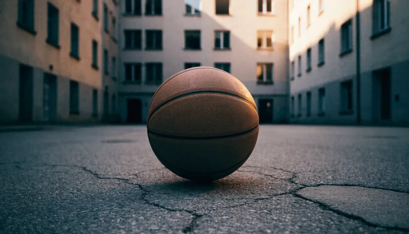 Ein Basketball liegt auf einem Asphaltplatz in einem Hinterhof zwischen Wohnblöcken, das Abendlicht färbt die Wände warm.