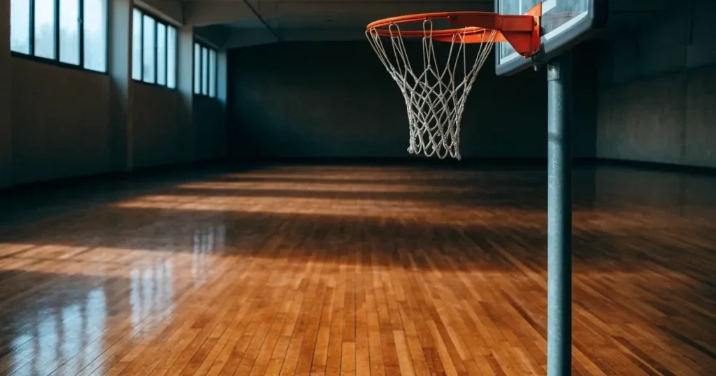 Ein Basketballkorb mit Netz in einer leeren Halle, Licht fällt von hohen Fenstern auf den glänzenden Parkettboden.