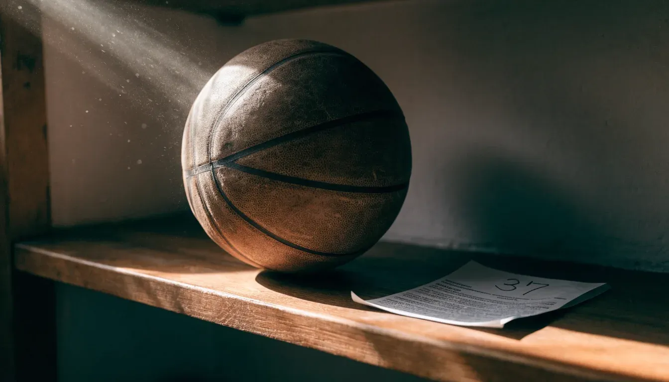 Ein abgenutzter Lederball liegt auf einem Holzregal in einem Vereinsraum, ein Sonnenstrahl macht den Staub sichtbar.