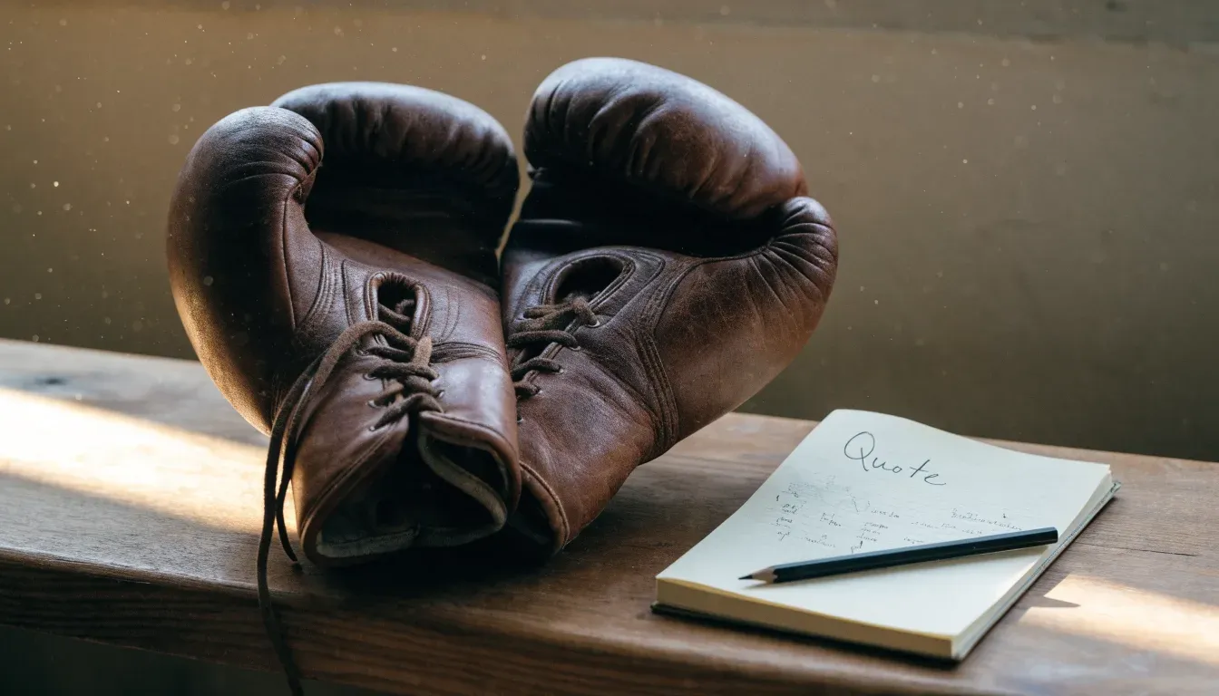 Ein Paar Boxhandschuhe aus Leder liegt auf einer Holzbank neben einem Notizbuch mit handgeschriebenen Zeilen, warmes Fensterlicht