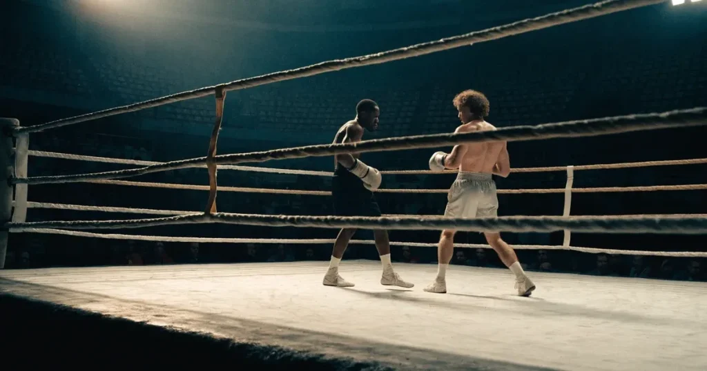 Ein leerer Boxring mit gespannten Seilen unter hellem Hallenlicht, dahinter ansteigende Zuschauerränge in einer grossen dunklen Halle