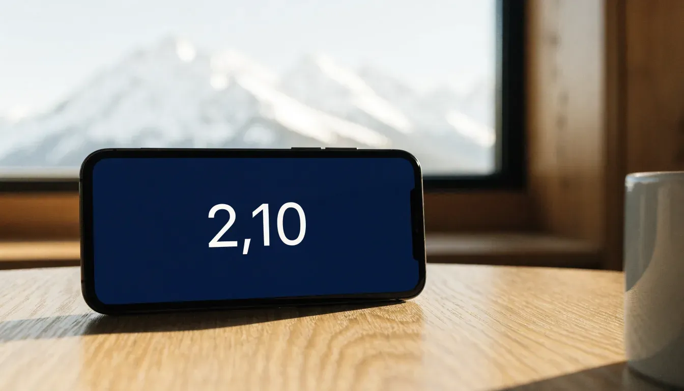 Ein Smartphone mit dunklem Bildschirm liegt auf einem Holztisch vor einem Fenster mit Blick auf schneebedeckte Gipfel