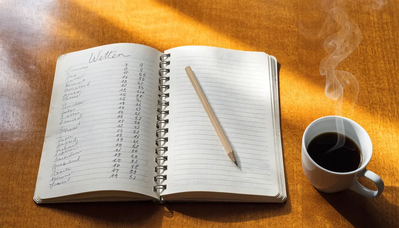 Ein aufgeschlagenes Notizbuch mit handgeschriebenen Spalten und ein Bleistift neben einer Tasse Kaffee auf einem Holztisch am Morgen