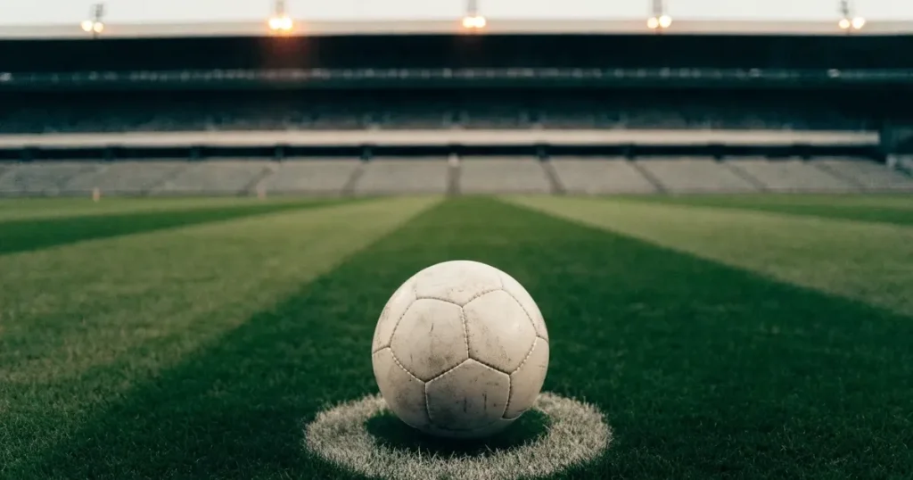 Ein Fussball liegt auf dem Anstosspunkt eines frisch gemähten Rasens, dahinter eine grosse Tribüne unter bewölktem Himmel
