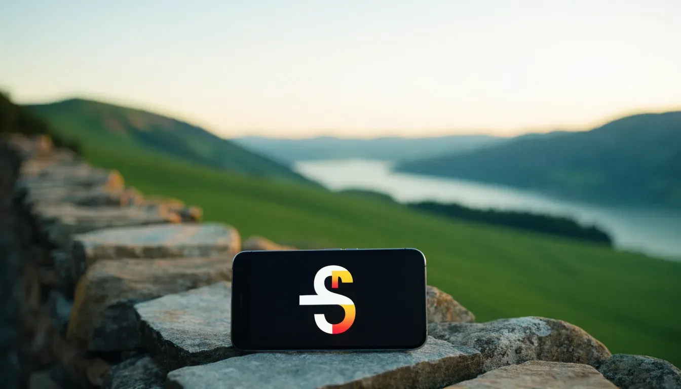 Ein Smartphone mit dunklem Display liegt auf einer Steinmauer, dahinter ein Alpental im Abendlicht