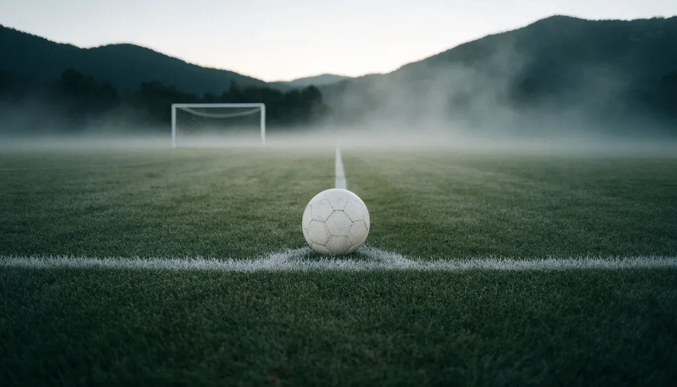 Ein einzelner Fussball auf dem Mittelpunkt eines leeren Rasens im Morgennebel, hinter dem Tor ragen Berge auf