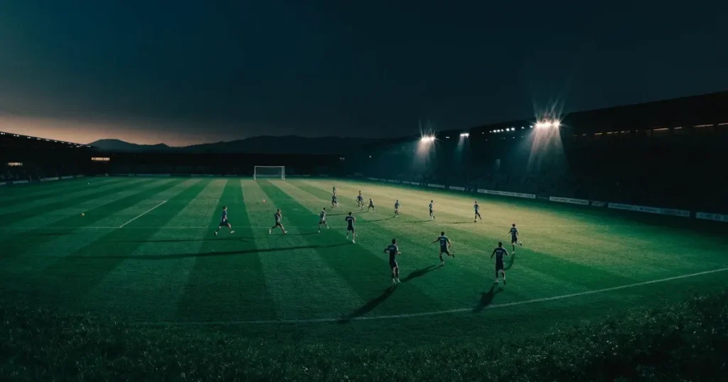 Ein Fussballstadion bei Flutlicht von einer Anhöhe aus gesehen, der Rasen leuchtet grün unter dunklem Abendhimmel