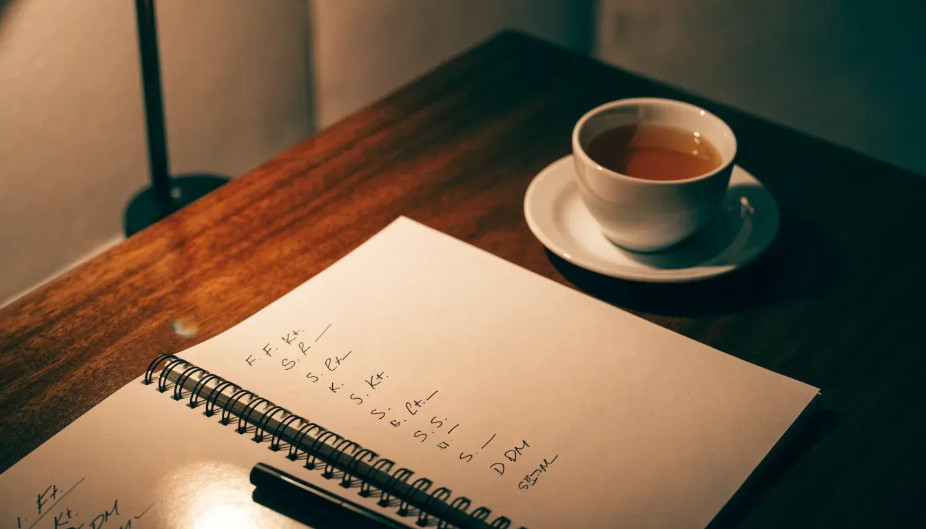 Ein Notizbuch mit handschriftlichen Einträgen und eine Tasse Tee stehen auf einem Tisch neben einer Stehlampe