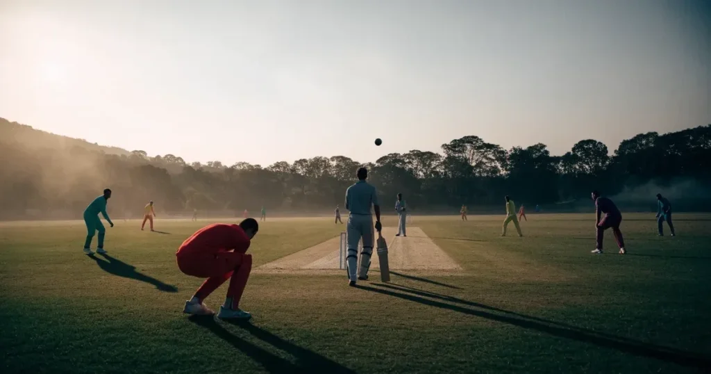 Ein ovales Cricketfeld mit gemähtem Rasen und hellem Mittelstreifen am frühen Morgen, Nebel zwischen den Bäumen am Rand