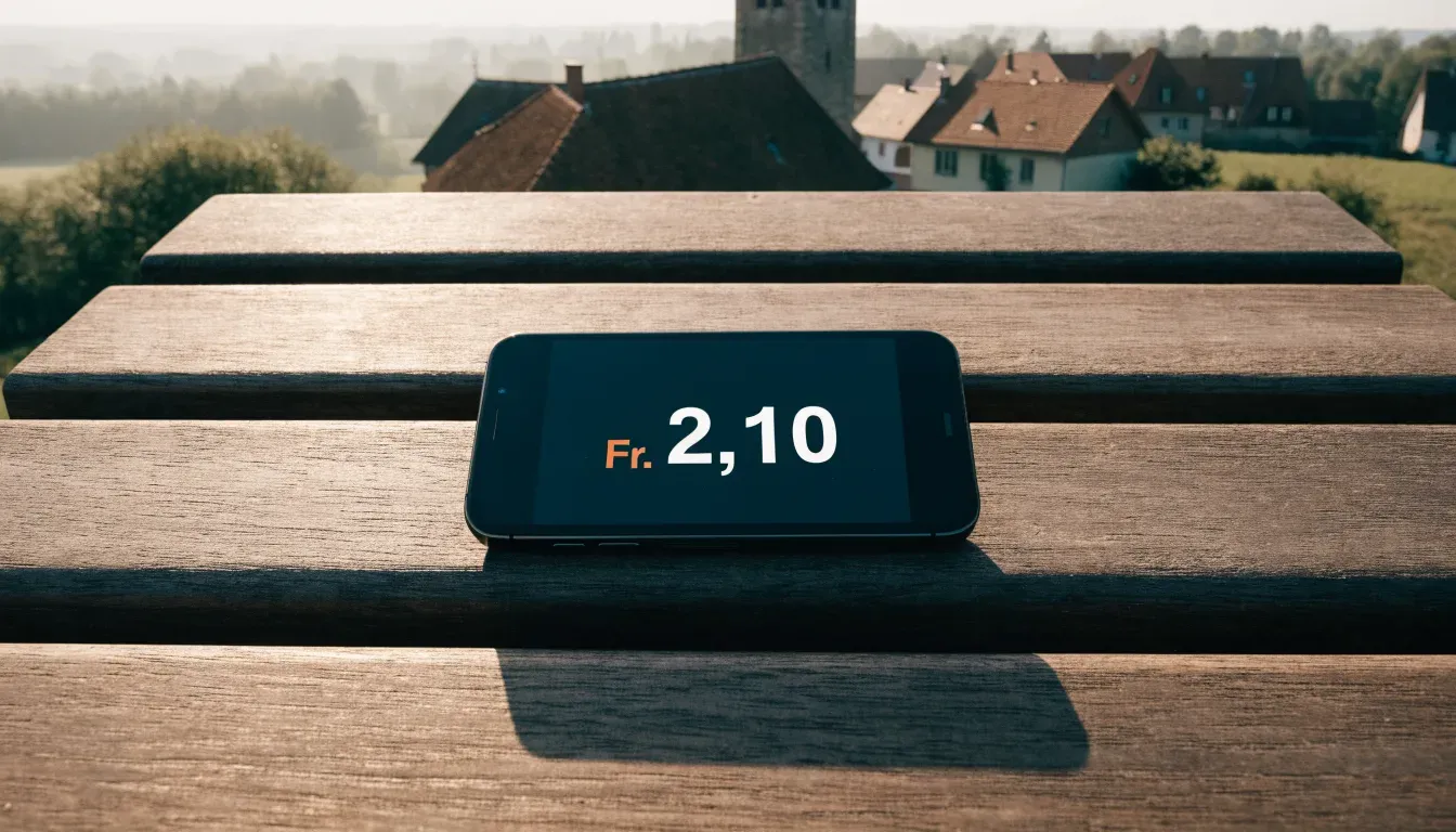 Ein Smartphone mit dunklem Display liegt auf einer Parkbank, dahinter ein Schweizer Dorf mit Kirchturm im Dunst