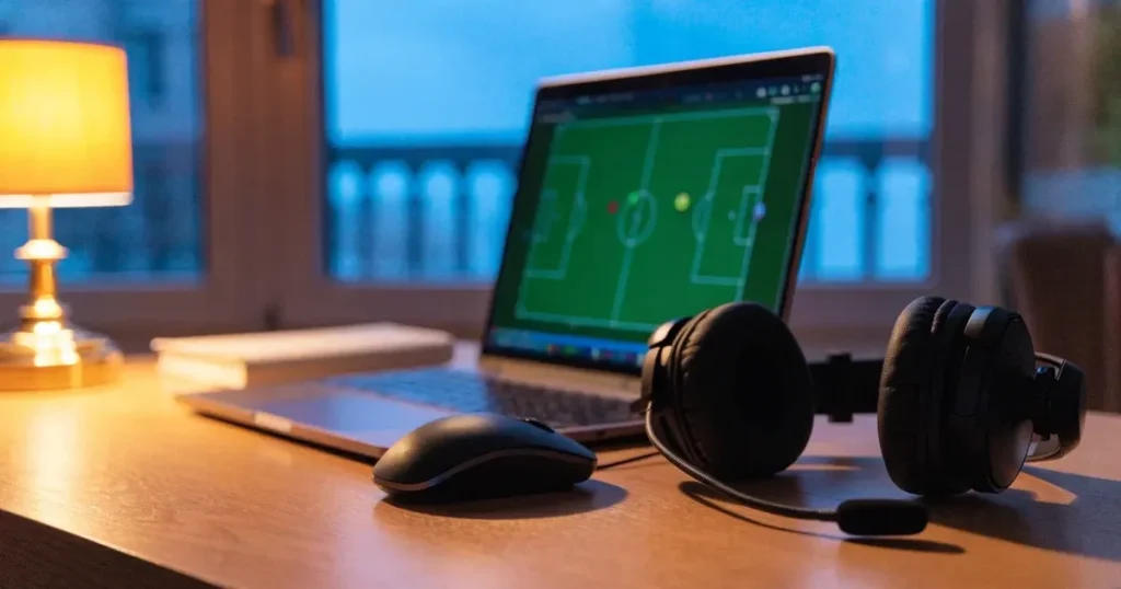 Ein Headset und eine Computermaus liegen auf einem Holzschreibtisch neben einer Tischlampe, draussen ist es Abend