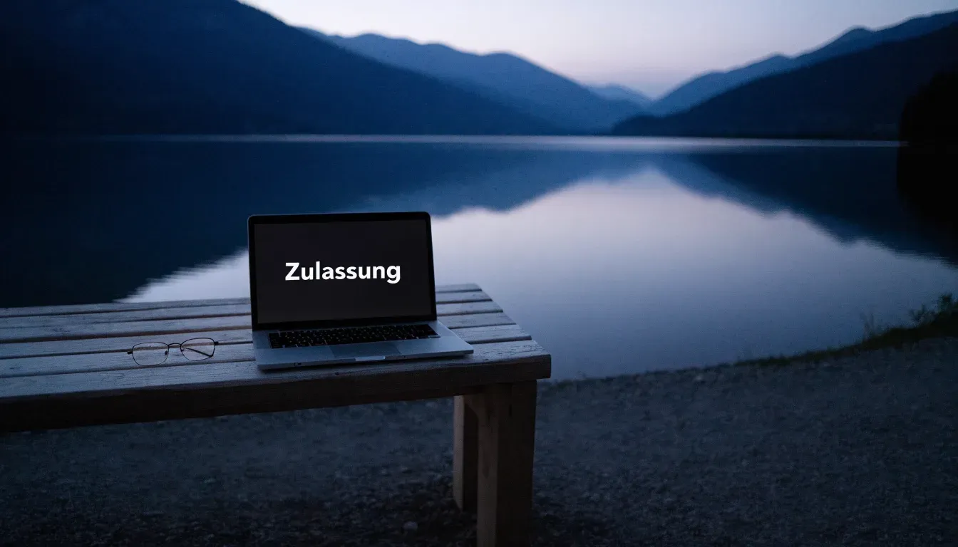 Eine leere Holzbank am Seeufer in der Dämmerung, im Hintergrund dunkle Berge