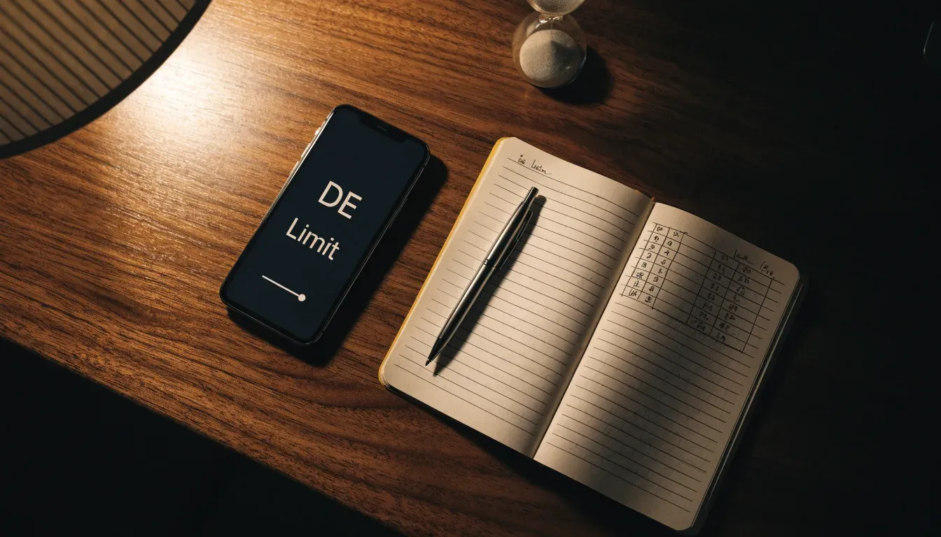 Eine Sanduhr steht auf einem Schreibtisch neben einem Notizbuch mit handschriftlichen Einträgen im Licht einer Lampe