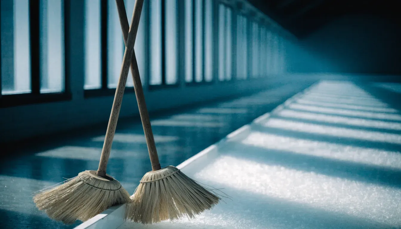 Zwei Curlingbesen lehnen an einer Bande am Rand einer leeren Eisfläche, kaltes Licht fällt durch hohe Fenster