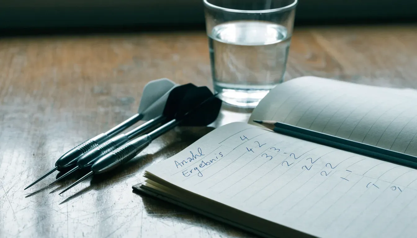Drei Dartpfeile liegen auf einer Holzfläche neben einem Notizblock mit handschriftlichen Zahlen und einem Glas Wasser