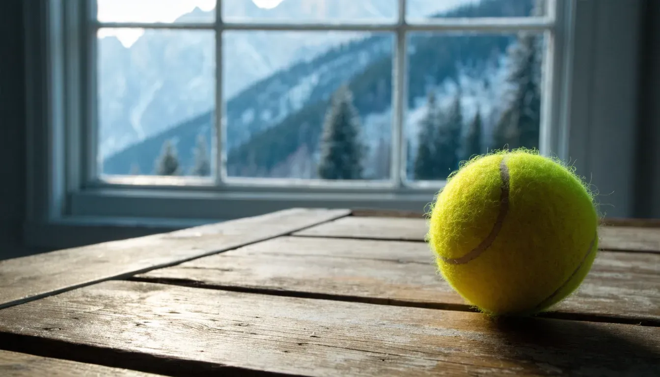 Ein einzelner gelber Tennisball liegt auf einem Holztisch vor einem Fenster mit Alpenblick