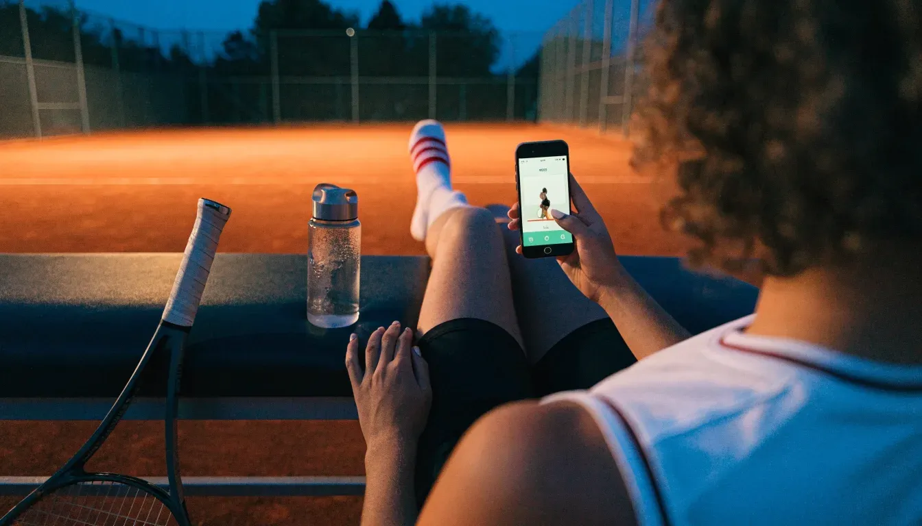 Ein Tennisschläger lehnt an einer Bank neben einer Wasserflasche, am Abend ruht der Platz im Flutlicht, aus der Ferne gesehen