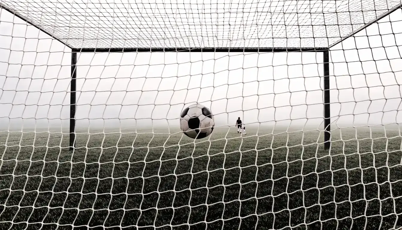 Ein Fussball liegt im Netz hinter einem Tor, weicher Morgennebel hängt über dem Rasen