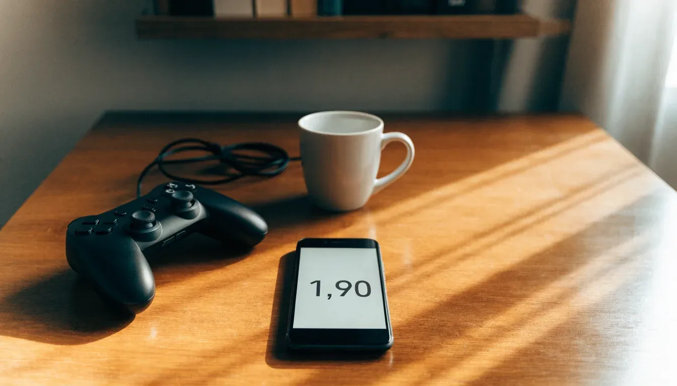 Ein Spielcontroller liegt auf einem Teppich neben einer Tasse, im Hintergrund ein Regal mit Büchern