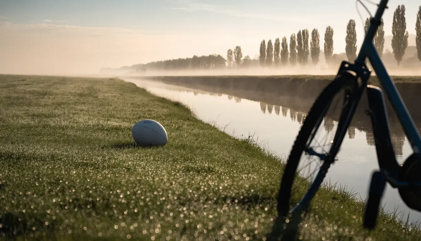 Ein Fussball liegt auf einer Wiese neben einem Fahrrad, im Hintergrund ein Kanal im Morgenlicht