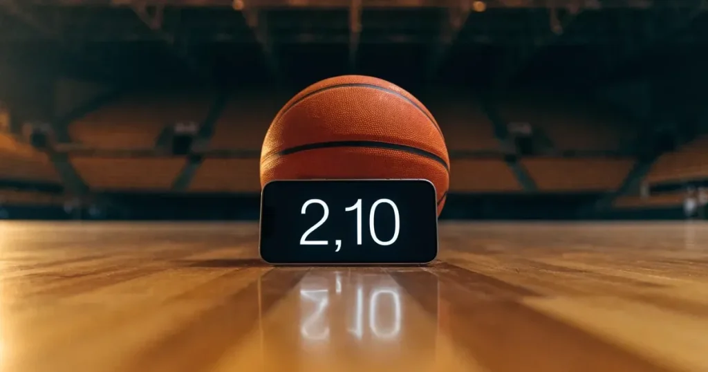Ein Basketball liegt auf dem hellen Parkett einer leeren Halle, im Hintergrund steigen die Tribünenreihen im Halbdunkel an.