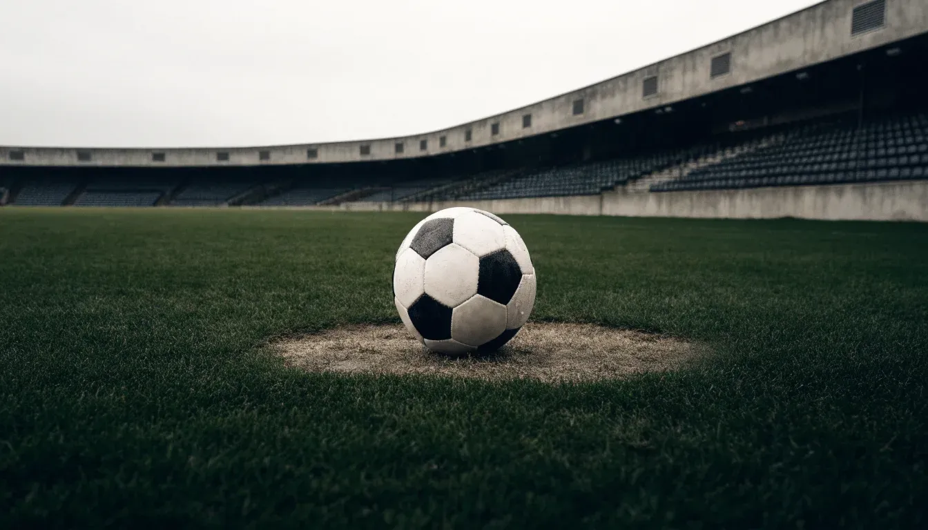 Ein Fussball liegt auf dem Anstosspunkt eines nassen Rasens, dahinter eine leere Tribüne unter grauem Himmel.
