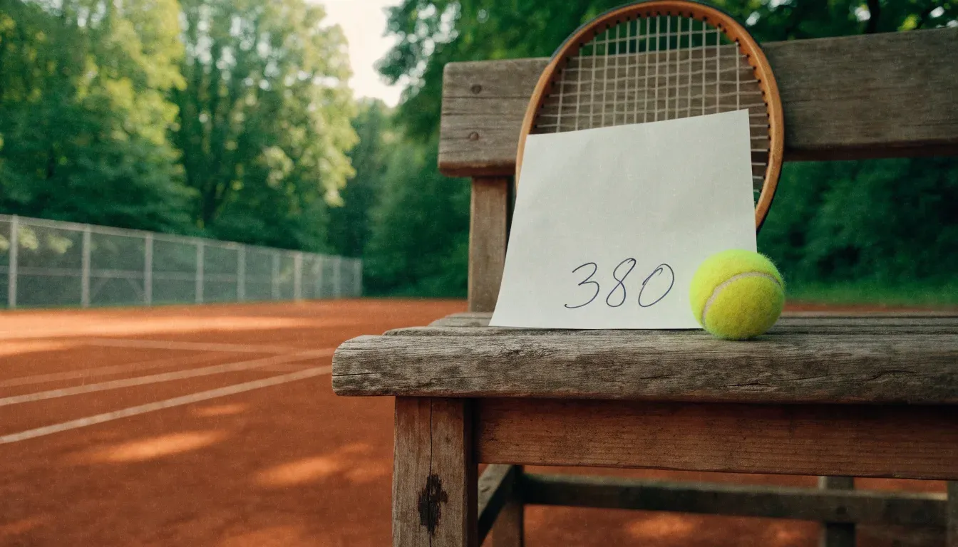 Ein Tennisball und ein Schläger ruhen auf einer Holzbank am Spielfeldrand, im Hintergrund hohe Bäume im Sommerlicht.