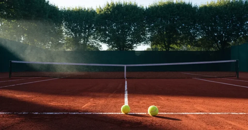 Ein Tennisplatz aus rotem Sand liegt im ersten Licht des Morgens, das Netz hängt still und die Linien sind frisch gezogen.
