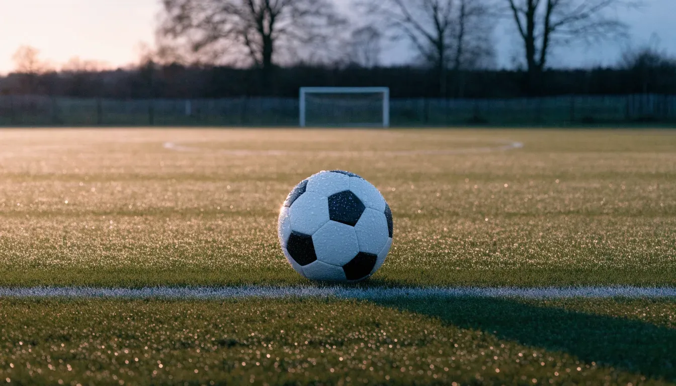 Ein Fussball liegt im Tau auf der Mittellinie eines Dorfplatzes bei Sonnenaufgang, der Rasen glitzert.