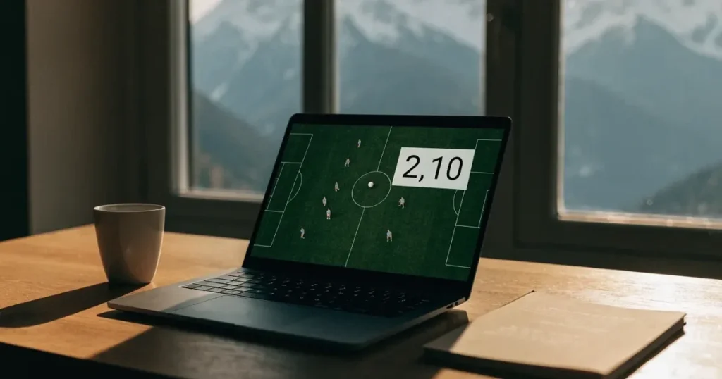 Ein Fussballplatz aus der Vogelperspektive mit sauberen Linien auf dichtem Rasen, in der Ferne verschneite Berge.