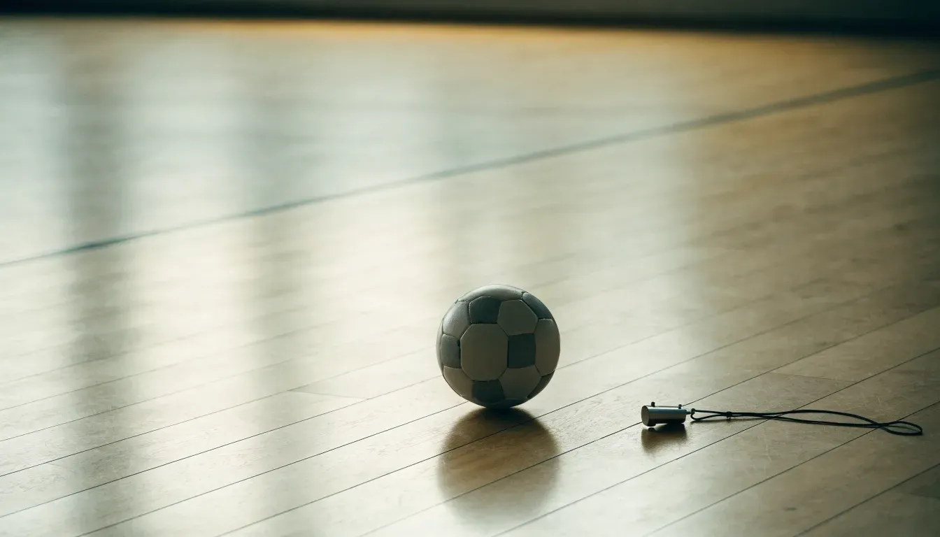 Ein kleiner, schwerer Ball liegt auf glattem Hallenparkett neben einer Trillerpfeife an einer Schnur.