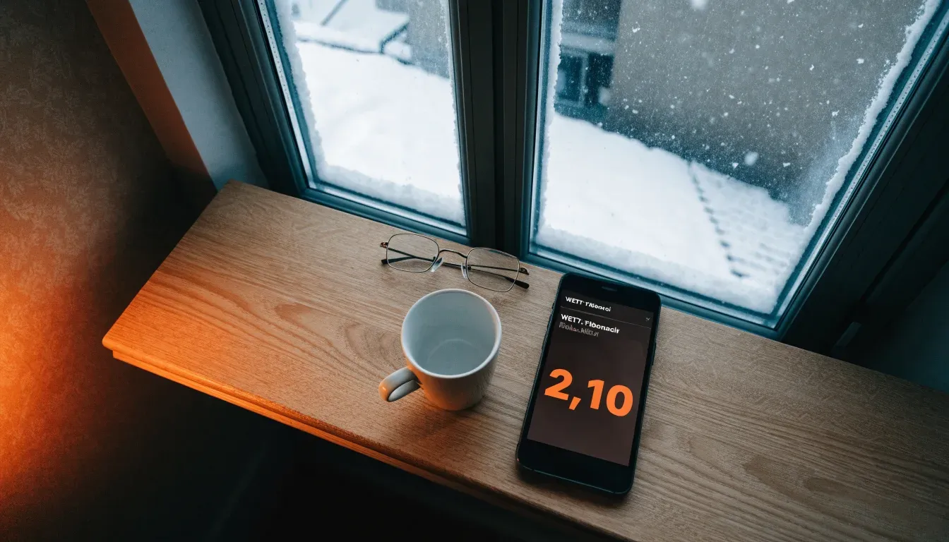 Eine Kaffeetasse und eine Brille stehen auf einem Fensterbrett, draussen fällt Schnee auf ein Dach.
