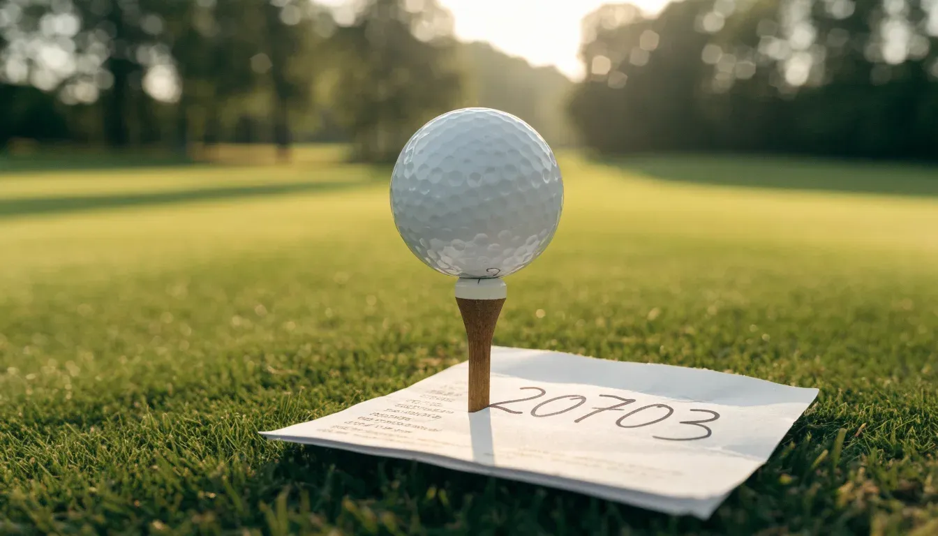 Ein Golfball liegt auf einem Holztee im Gras, scharf im Vordergrund, dahinter verschwimmt eine weite Wiese.