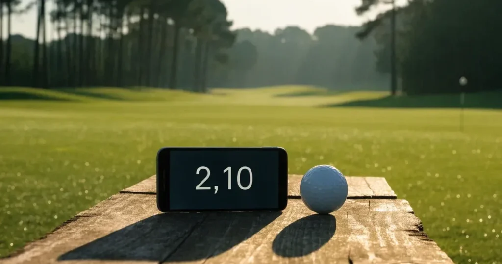 Ein weites Fairway zieht sich im Dunst des frühen Morgens zwischen Föhren hin, Tau liegt auf dem kurzen Gras.