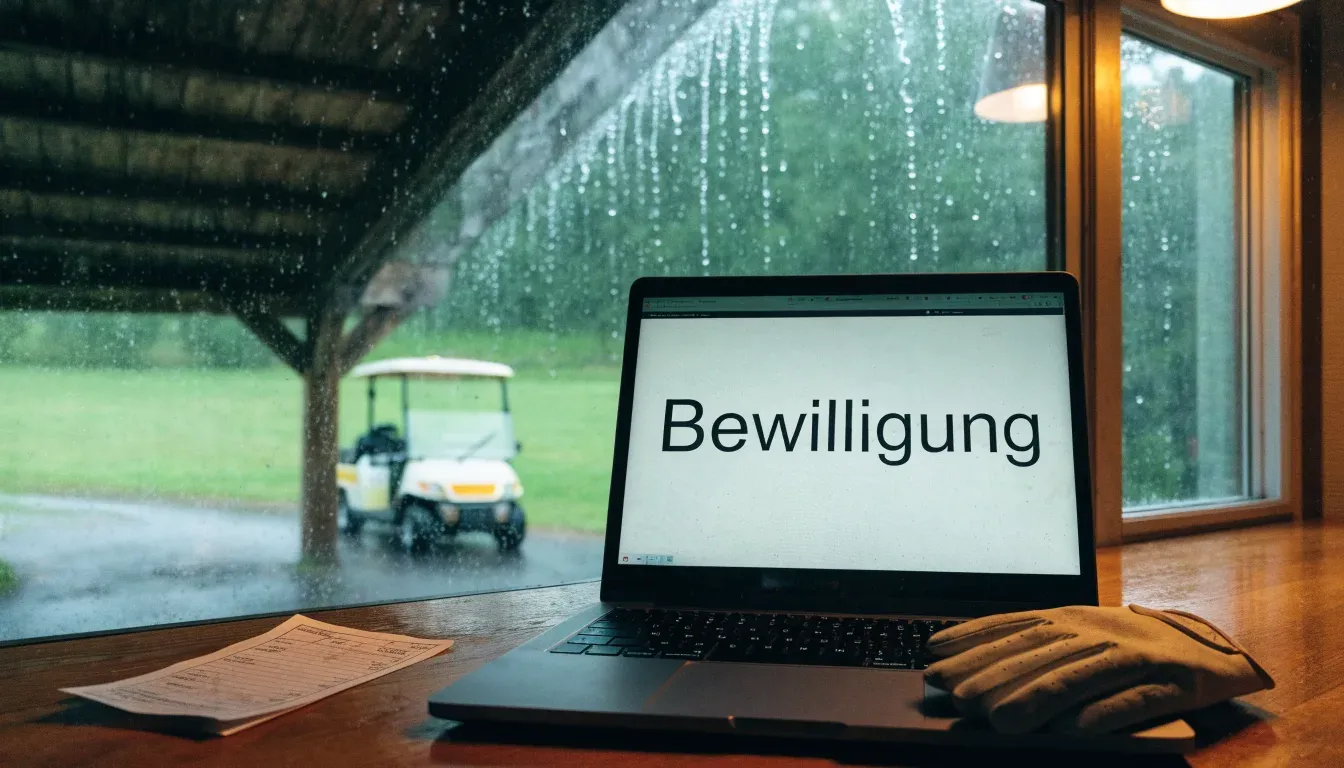 Ein leerer Golfwagen steht unter einem Vordach, Regen tropft vom Dachrand auf einen Kiesweg.